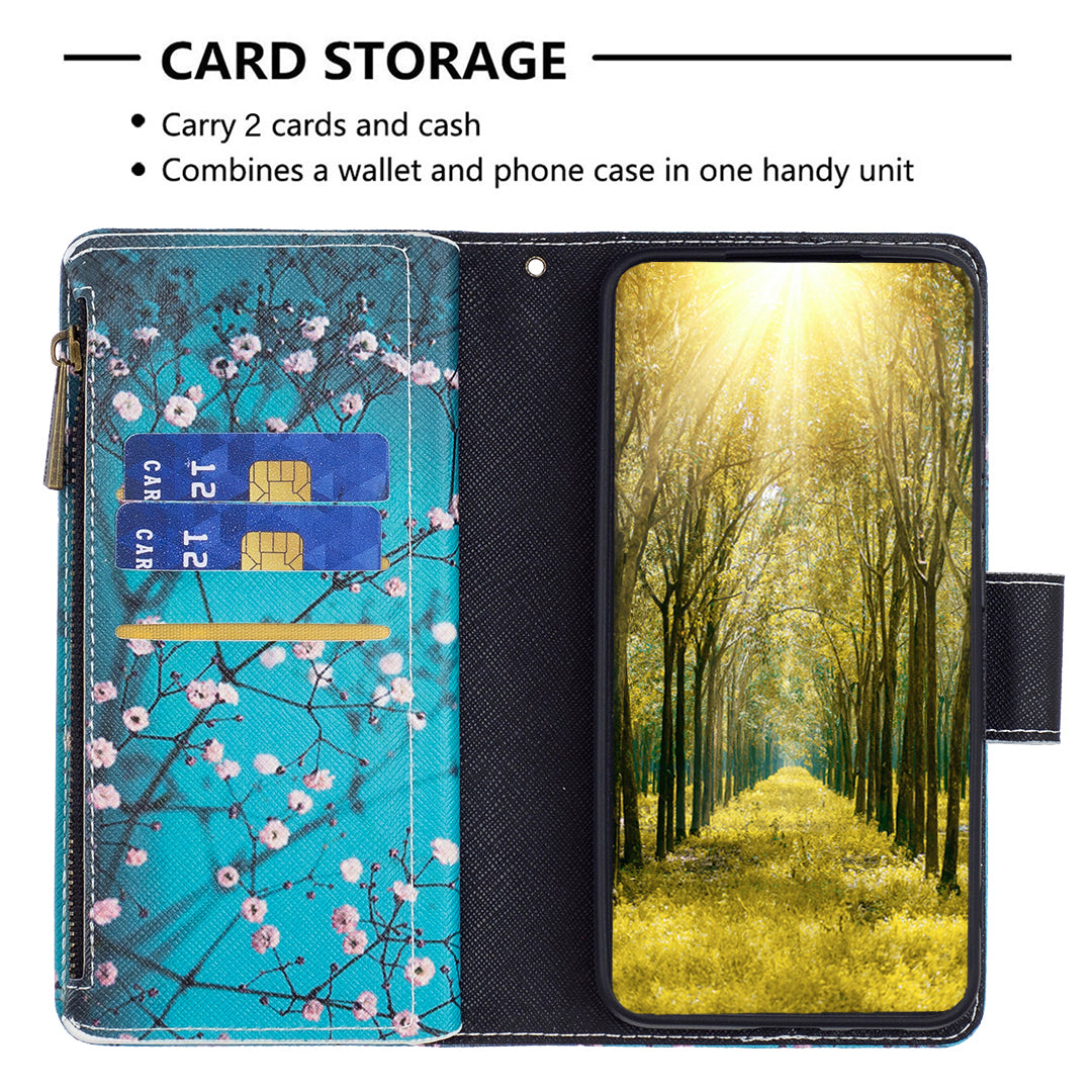 BF03 Zipper Pocket Phone Cover for iPhone 15 Pro Max , Pattern Printing Stand PU Leather Wallet Case - Plum Blossom BF03 Zipper Pocket Phone Cover for iPhone 15 Pro Max , Pattern Printing Stand PU Leather Wallet Case - Plum Blossom
